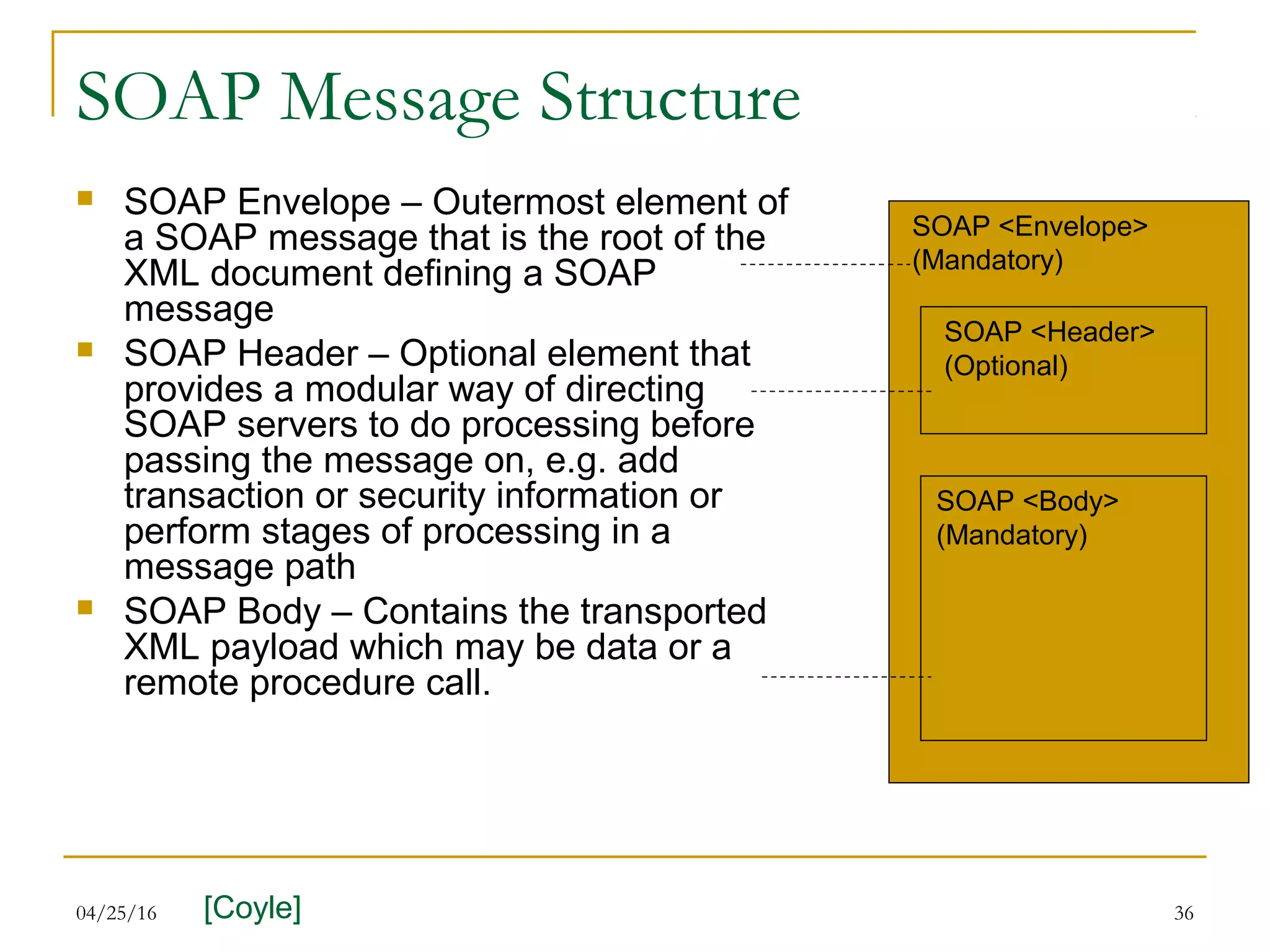 04/25/16 36
SOAP Message Structure
 SOAP Envelope – Outermost element of
a SOAP message that is the root of the
XML document defining a SOAP
message
 SOAP Header – Optional element that
provides a modular way of directing
SOAP servers to do processing before
passing the message on, e.g. add
transaction or security information or
perform stages of processing in a
message path
 SOAP Body – Contains the transported
XML payload which may be data or a
remote procedure call.
SOAP <Envelope>
(Mandatory)
SOAP <Header>
(Optional)
SOAP <Body>
(Mandatory)
[Coyle]
 