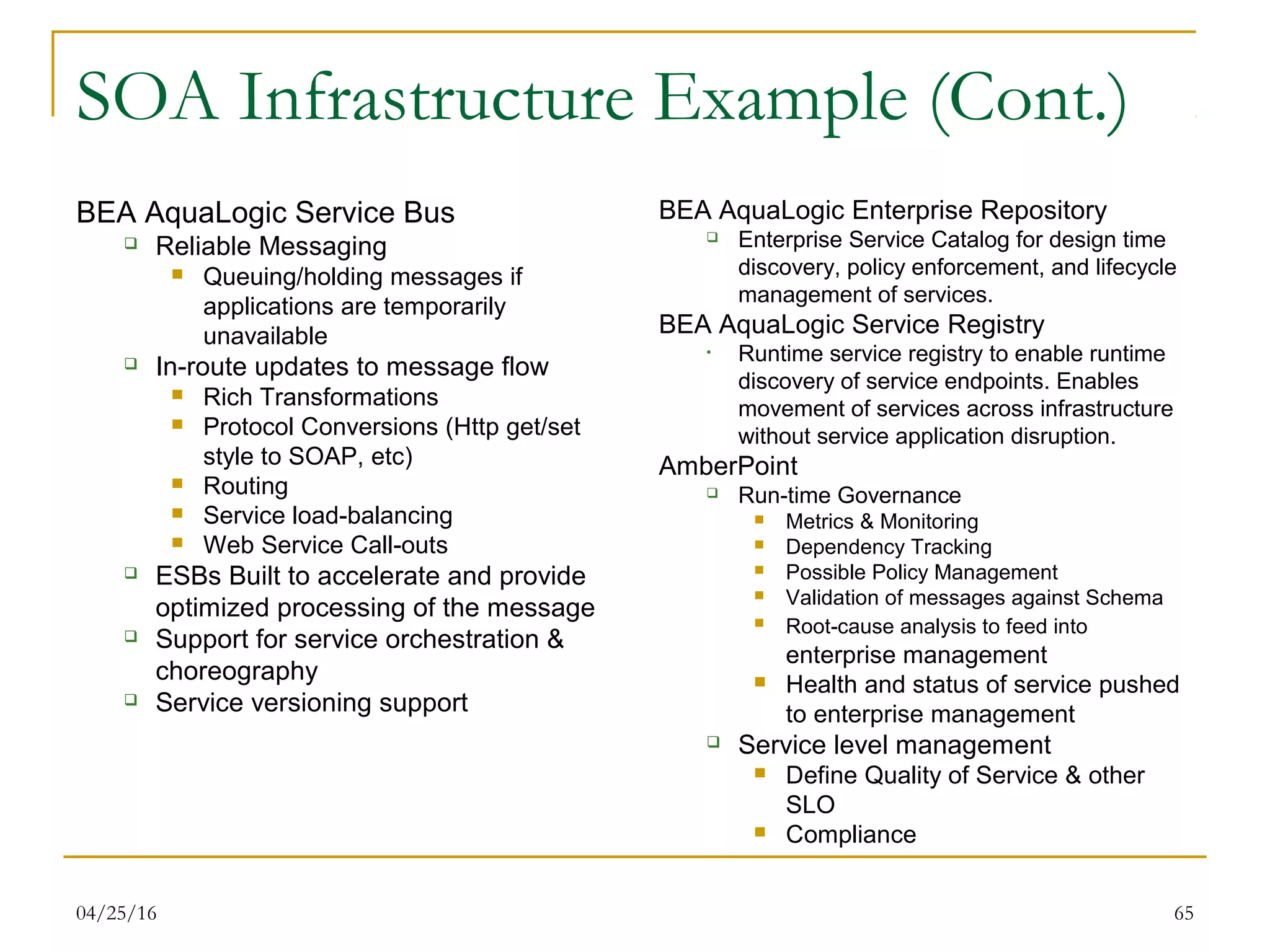 04/25/16 65
SOA Infrastructure Example (Cont.)
BEA AquaLogic Service Bus
 Reliable Messaging
 Queuing/holding messages if
applications are temporarily
unavailable
 In-route updates to message flow
 Rich Transformations
 Protocol Conversions (Http get/set
style to SOAP, etc)
 Routing
 Service load-balancing
 Web Service Call-outs
 ESBs Built to accelerate and provide
optimized processing of the message
 Support for service orchestration &
choreography
 Service versioning support
BEA AquaLogic Enterprise Repository
 Enterprise Service Catalog for design time
discovery, policy enforcement, and lifecycle
management of services.
BEA AquaLogic Service Registry
• Runtime service registry to enable runtime
discovery of service endpoints. Enables
movement of services across infrastructure
without service application disruption.
AmberPoint
 Run-time Governance
 Metrics & Monitoring
 Dependency Tracking
 Possible Policy Management
 Validation of messages against Schema
 Root-cause analysis to feed into
enterprise management
 Health and status of service pushed
to enterprise management
 Service level management
 Define Quality of Service & other
SLO
 Compliance
 