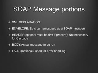 SOAP Message portions 
XML DECLARATION: 
ENVELOPE: Sets up namespace as a SOAP message 
HEADER(optional must be first if present): Not necessary 
for Cascade 
BODY:Actual message to be run 
FAULT(optional): used for error handling. 
 