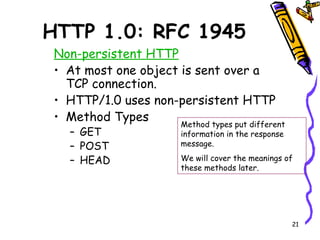 HTTP 1.0: RFC 1945 Non-persistent HTTP At most one object is sent over a TCP connection. HTTP/1.0 uses non-persistent HTTP Method Types GET  POST HEAD Method types put different information in the response message.  We will cover the meanings of these methods later. 