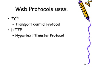 Web Protocols uses. TCP Transport Control Protocol HTTP Hypertext Transfer Protocol 