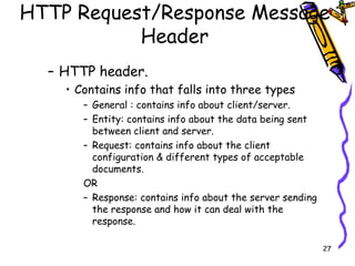 HTTP Request/Response Message Header HTTP header. Contains info that falls into three types General : contains info about client/server. Entity: contains info about the data being sent between client and server. Request: contains info about the client configuration & different types of acceptable documents. OR Response: contains info about the server sending the response and how it can deal with the response. 
