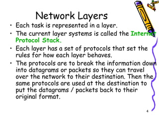 Network Layers Each task is represented in a layer. The current layer systems is called the  Internet Protocol Stack. Each layer has a set of protocols that set the rules for how each layer behaves. The protocols are to break the information down into datagrams or packets so they can travel over the network to their destination. Then the same protocols are used at the destination to put the datagrams / packets back to their original format. 