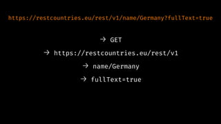 https://restcountries.eu/rest/v1/name/Germany?fullText=true
→ GET
→ https://restcountries.eu/rest/v1
→ name/Germany
→ fullText=true
 
