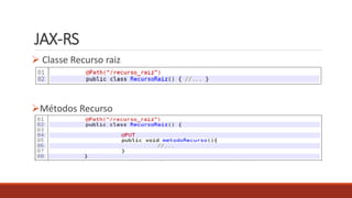 JAX-RS
 Classe Recurso raiz
Métodos Recurso
 