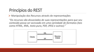 Princípios do REST
 Manipulação dos Recursos através de representações
“Os recursos são dissociados de suas representações para que seu
conteúdo possa ser acessado em uma variedade de formatos (tais
como HTML, XML, texto puro, PDF, JPEG e outros).”
 
