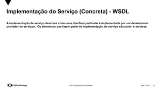 May 5, 2017 13DXC Proprietary and Confidential
Implementação do Serviço (Concreta) - WSDL
A implementação de serviço descreve como uma interface particular é implementada por um determinado
provedor de serviços. Os elementos que fazem parte da implementação do serviço são ports e services.
 