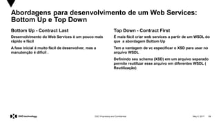 May 5, 2017 19DXC Proprietary and Confidential
Abordagens para desenvolvimento de um Web Services:
Bottom Up e Top Down
Bottom Up - Contract Last
Desenvolvimento do Web Services é um pouco mais
rápido e fácil
A fase inicial é muito fácil de desenvolver, mas a
manutenção é difícil .
Top Down - Contract First
É mais fácil criar web services a partir de um WSDL do
que a abordagem Bottom Up
Tem a vantagem de vc especificar o XSD para usar no
arquivo WSDL
Definindo seu schema (XSD) em um arquivo separado
permite reutilizar esse arquivo em diferentes WSDL (
Reutilização)
 