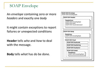 SOAP Envelope An  envelope  containing zero or more  headers  and exactly one  body It might contain exceptions to report failures or unexpected conditions Header  tells  who  and  how  to deal with the message. Body  tells  what  has do be done. 
