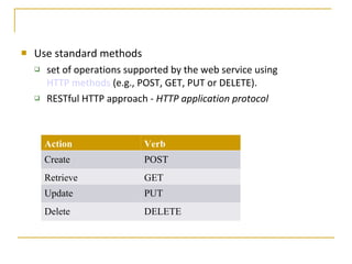 Use standard methods set of operations supported by the web service using  HTTP methods  (e.g., POST, GET, PUT or DELETE).  RESTful HTTP approach -  HTTP application protocol Action Verb Create POST Retrieve GET Update PUT Delete DELETE 