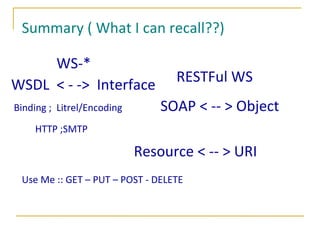 Summary ( What I can recall??) WS-* WSDL  < - ->  Interface SOAP < -- > Object RESTFul WS Resource < -- > URI Use Me :: GET – PUT – POST - DELETE Binding ;  Litrel/Encoding HTTP ;SMTP 