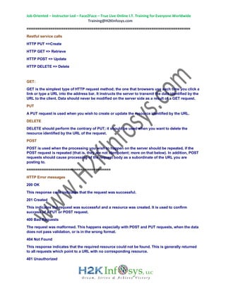Job Oriented – Instructor Led – Face2Face – True Live Online I.T. Training for Everyone Worldwide
Training@H2KInfosys.com
============================================================================
Restful service calls
HTTP PUT =>Create
HTTP GET => Retrieve
HTTP POST => Update
HTTP DELETE => Delete
GET:
GET is the simplest type of HTTP request method; the one that browsers use each time you click a
link or type a URL into the address bar. It instructs the server to transmit the data identified by the
URL to the client. Data should never be modified on the server side as a result of a GET request.
PUT
A PUT request is used when you wish to create or update the resource identified by the URL.
DELETE
DELETE should perform the contrary of PUT; it should be used when you want to delete the
resource identified by the URL of the request.
POST
POST is used when the processing you wish to happen on the server should be repeated, if the
POST request is repeated (that is, they are not idempotent; more on that below). In addition, POST
requests should cause processing of the request body as a subordinate of the URL you are
posting to.
=======================================
HTTP Error messages
200 OK
This response code indicates that the request was successful.
201 Created
This indicates the request was successful and a resource was created. It is used to confirm
success of a PUT or POST request.
400 Bad Requests
The request was malformed. This happens especially with POST and PUT requests, when the data
does not pass validation, or is in the wrong format.
404 Not Found
This response indicates that the required resource could not be found. This is generally returned
to all requests which point to a URL with no corresponding resource.
401 Unauthorized
 