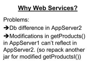 Why Web Services?
Problems:
Db difference in AppServer2
Modifications in getProducts()
in AppServer1 can’t reflect in
AppServer2. (so repack another
jar for modified getProductsI())
 