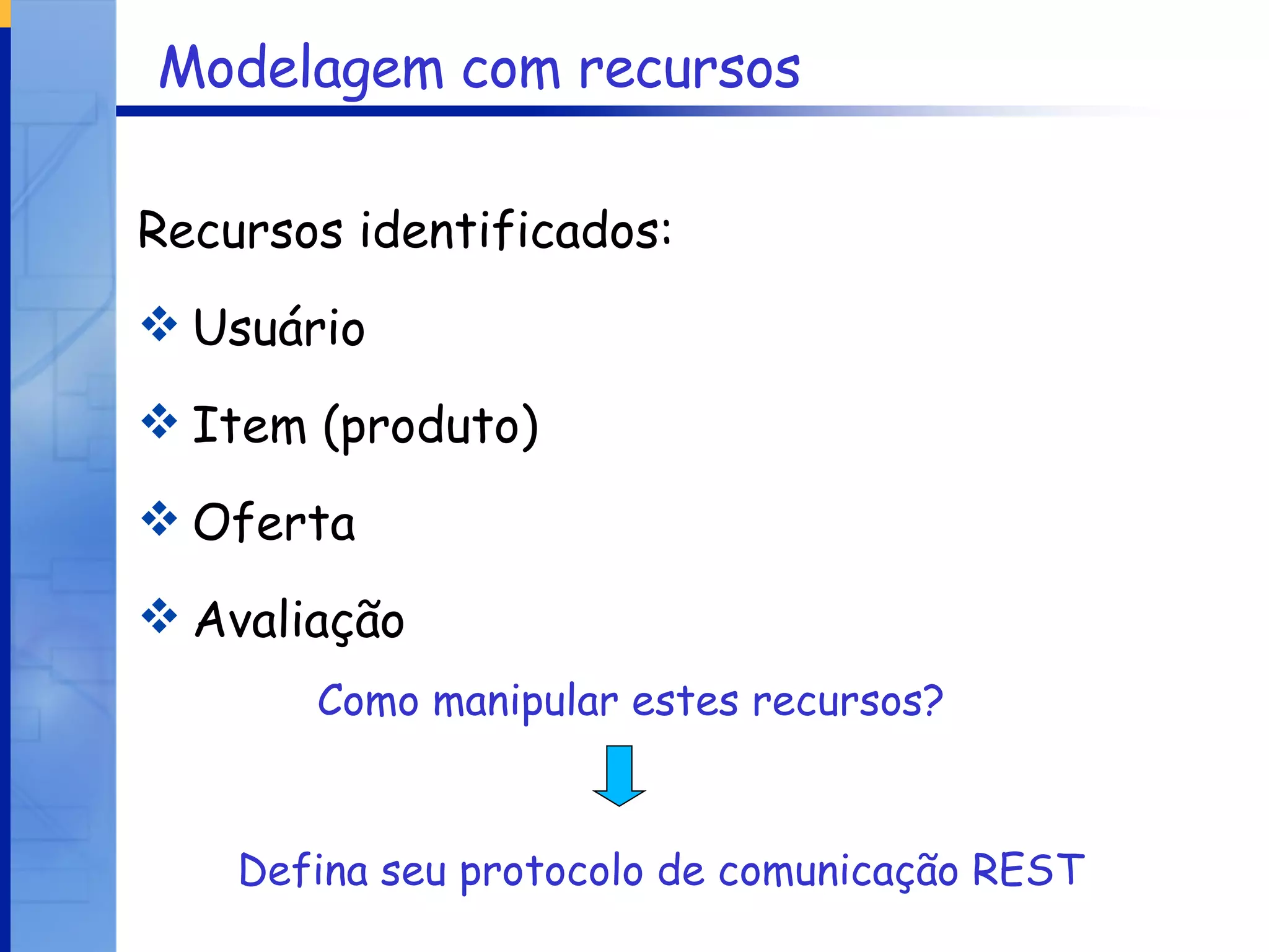 Modelagem com recursos Recursos identificados: Usuário Item (produto) Oferta Avaliação Como manipular estes recursos? Defina seu protocolo de comunicação REST 