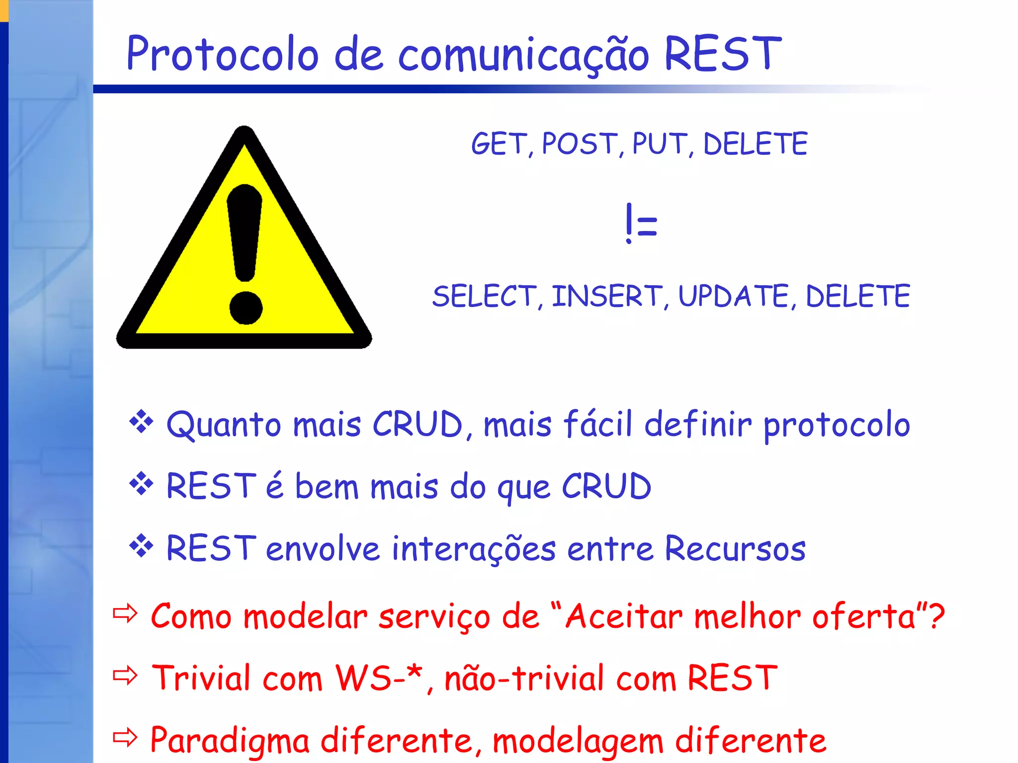 Protocolo de comunicação REST GET, POST, PUT, DELETE SELECT, INSERT, UPDATE, DELETE != Quanto mais CRUD, mais fácil definir protocolo REST é bem mais do que CRUD REST envolve interações entre Recursos Como modelar serviço de “Aceitar melhor oferta”? Trivial com WS-*, não-trivial com REST Paradigma diferente, modelagem diferente 