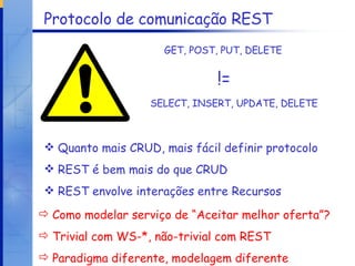 Protocolo de comunicação REST GET, POST, PUT, DELETE SELECT, INSERT, UPDATE, DELETE != Quanto mais CRUD, mais fácil definir protocolo REST é bem mais do que CRUD REST envolve interações entre Recursos Como modelar serviço de “Aceitar melhor oferta”? Trivial com WS-*, não-trivial com REST Paradigma diferente, modelagem diferente 