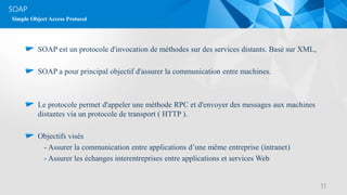 SOAP
SOAP est un protocole d'invocation de méthodes sur des services distants. Basé sur XML,
SOAP a pour principal objectif d'assurer la communication entre machines.
Le protocole permet d'appeler une méthode RPC et d'envoyer des messages aux machines
distantes via un protocole de transport ( HTTP ).
Objectifs visés
- Assurer la communication entre applications d’une même entreprise (intranet)
- Assurer les échanges interentreprises entre applications et services Web
11
Simple Object Access Protocol
 