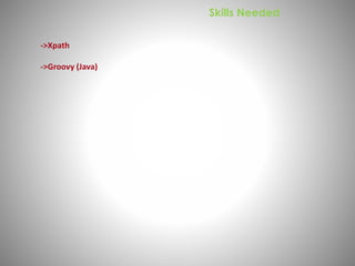 ->Xpath 
->Groovy (Java) 
Skills Needed 
 