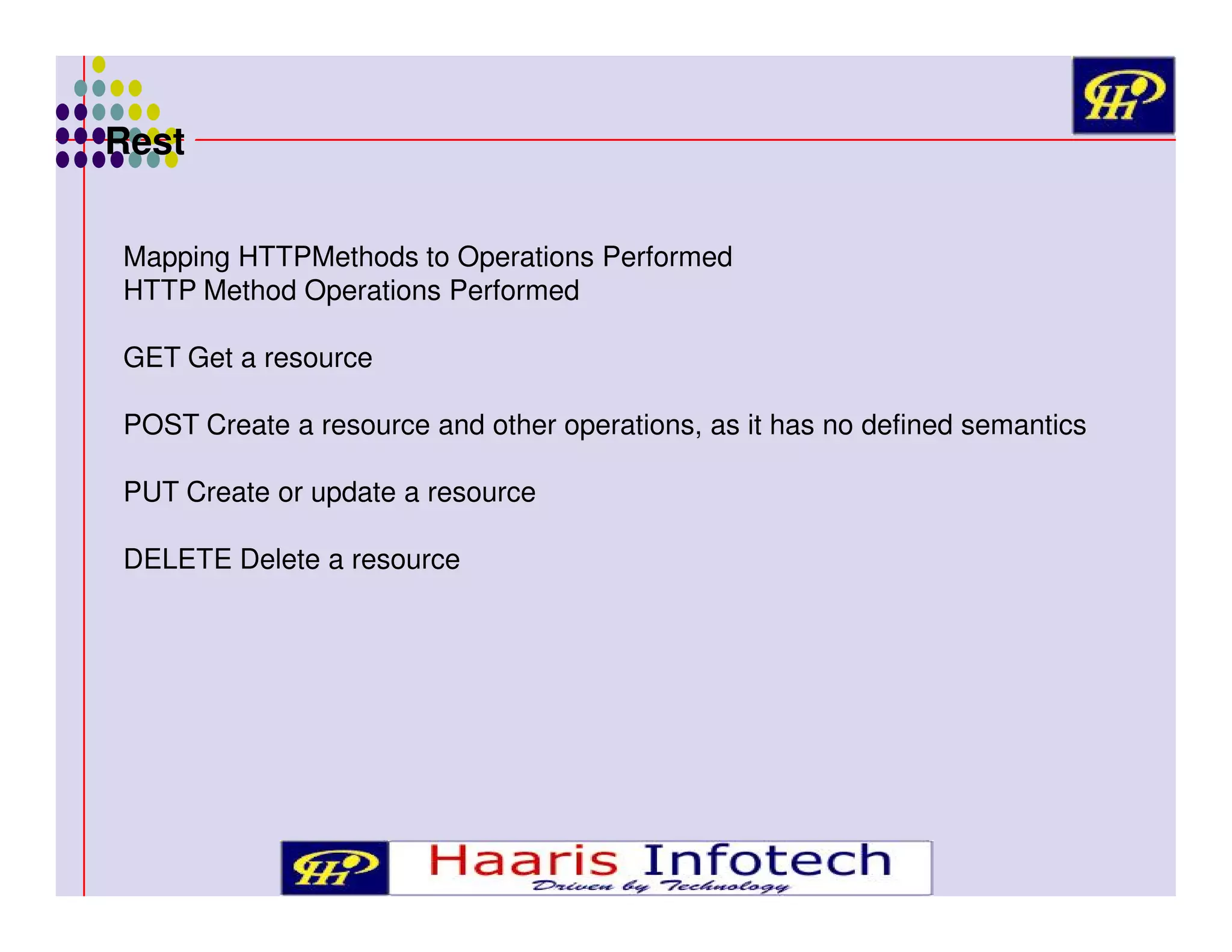 Rest
Mapping HTTPMethods to Operations Performed
HTTP Method Operations Performed
GET Get a resource
POST Create a resource and other operations, as it has no defined semantics
PUT Create or update a resource
DELETE Delete a resource

 