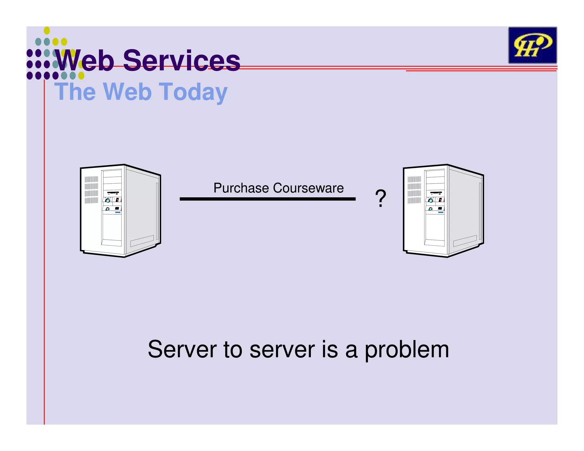 Web Services
The Web Today

Purchase Courseware

?

Server to server is a problem

 