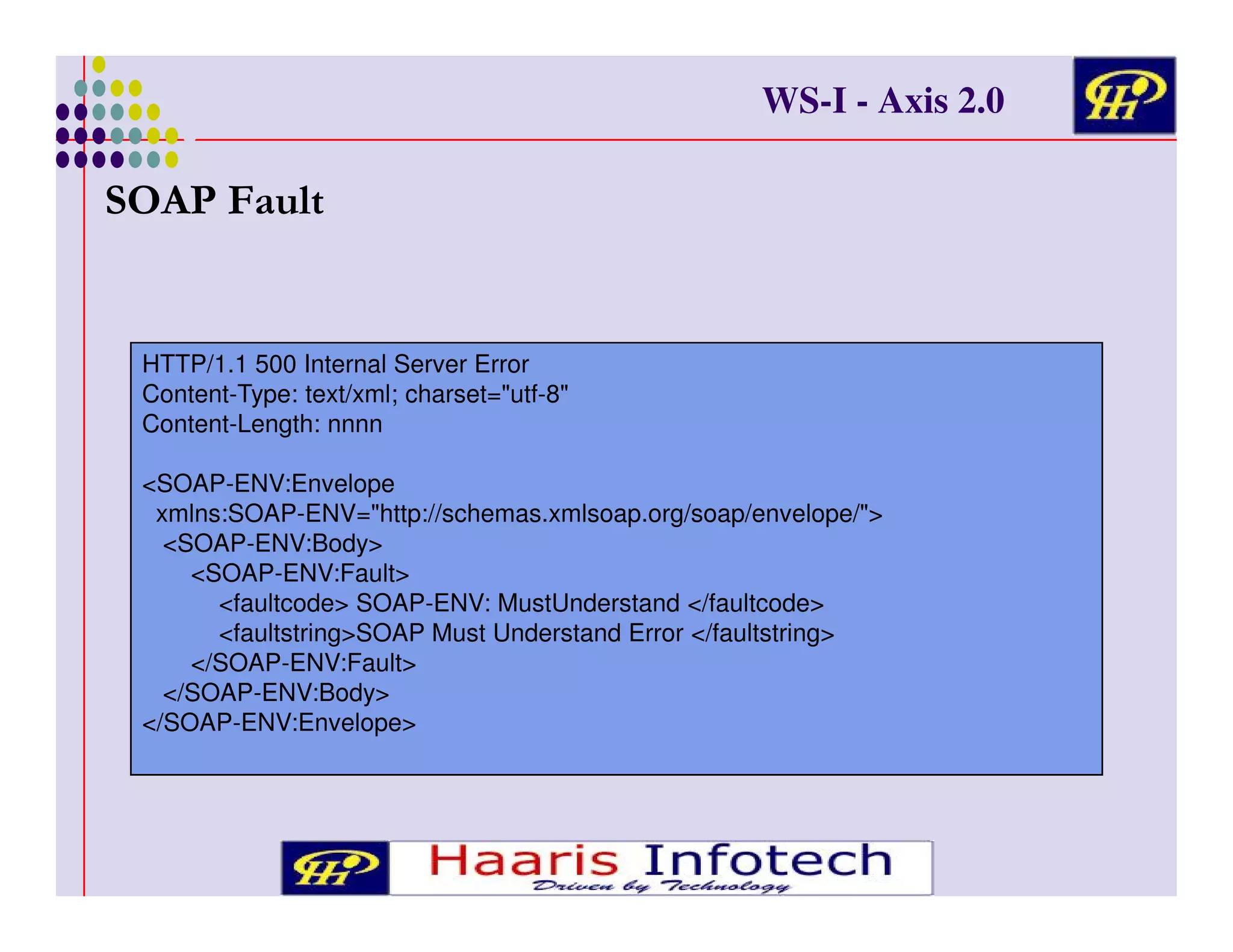 WS-I - Axis 2.0

7 .

*!

HTTP/1.1 500 Internal Server Error
Content-Type: text/xml; charset="utf-8"
Content-Length: nnnn
<SOAP-ENV:Envelope
xmlns:SOAP-ENV="http://schemas.xmlsoap.org/soap/envelope/">
<SOAP-ENV:Body>
<SOAP-ENV:Fault>
<faultcode> SOAP-ENV: MustUnderstand </faultcode>
<faultstring>SOAP Must Understand Error </faultstring>
</SOAP-ENV:Fault>
</SOAP-ENV:Body>
</SOAP-ENV:Envelope>

 