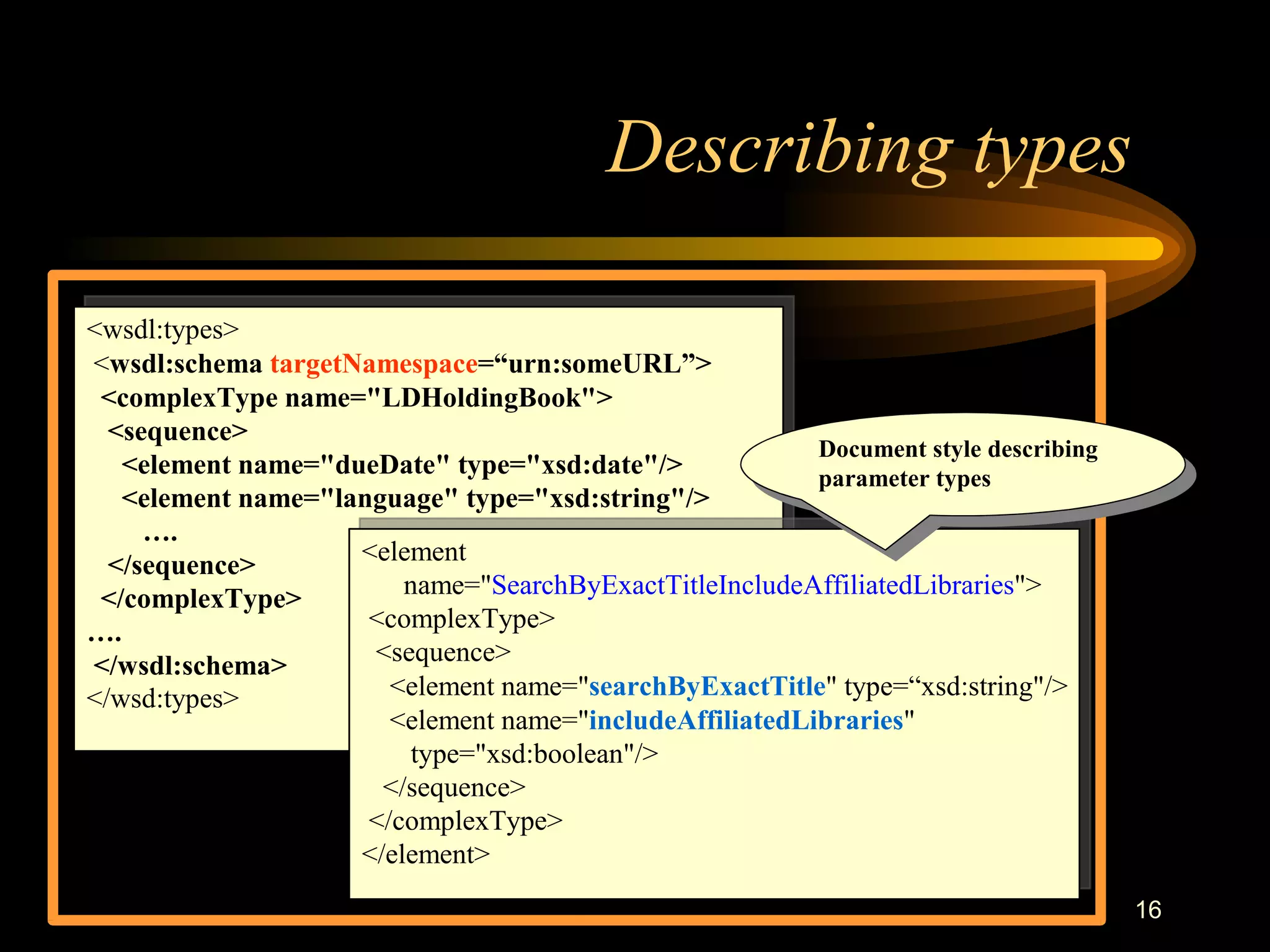 16
Describing types
<wsdl:types>
<wsdl:schema targetNamespace=“urn:someURL”>
<complexType name="LDHoldingBook">
<sequence>
<element name="dueDate" type="xsd:date"/>
<element name="language" type="xsd:string"/>
….
</sequence>
</complexType>
….
</wsdl:schema>
</wsd:types>
<element
name="SearchByExactTitleIncludeAffiliatedLibraries">
<complexType>
<sequence>
<element name="searchByExactTitle" type=“xsd:string"/>
<element name="includeAffiliatedLibraries"
type="xsd:boolean"/>
</sequence>
</complexType>
</element>
Document style describing
parameter types
 