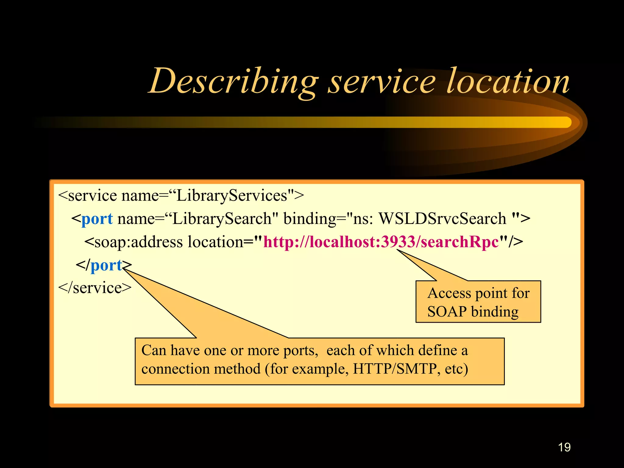 19
Describing service location
<service name=“LibraryServices">
<port name=“LibrarySearch" binding="ns: WSLDSrvcSearch ">
<soap:address location="http://localhost:3933/searchRpc"/>
</port>
</service> Access point for
SOAP binding
Can have one or more ports, each of which define a
connection method (for example, HTTP/SMTP, etc)
 