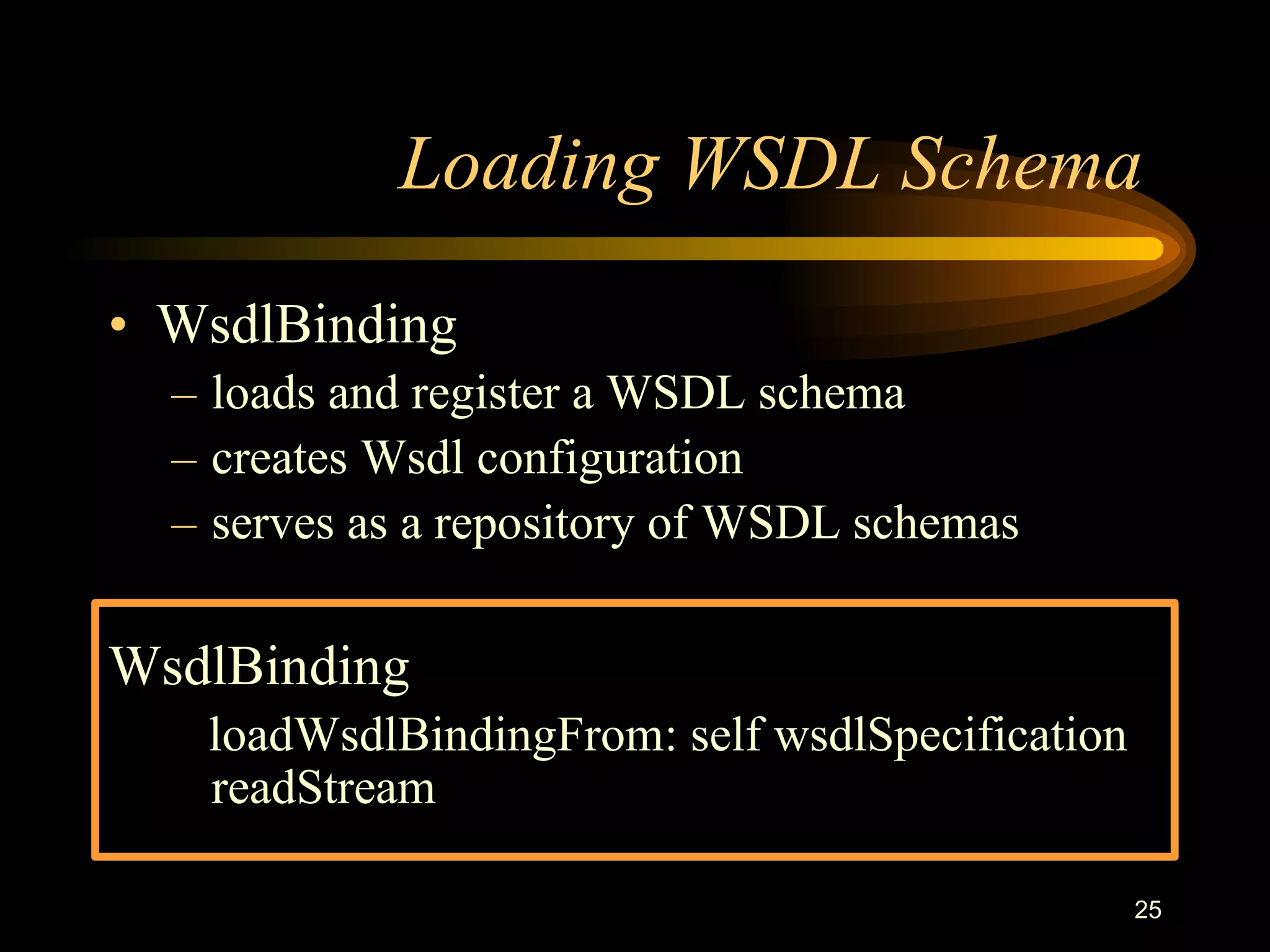 25
Loading WSDL Schema
• WsdlBinding
– loads and register a WSDL schema
– creates Wsdl configuration
– serves as a repository of WSDL schemas
WsdlBinding
loadWsdlBindingFrom: self wsdlSpecification
readStream
 
