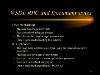 15
WSDL RPC and Document styles
• Document/literal
– Message has one or zero parts
– Part is resolved using an element
– The element is complex type in most cases
– Data is serialized according to a schema
• RPC/encoded
– The Soap body contains an element with the name of a remove
procedure
– Message can have zero or more parts
– Each part corresponds a remote procedure parameter
– Each part is resolved using type
– Data is serialized according to SOAP 1.1
 