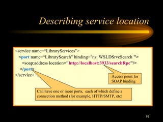 19
Describing service location
<service name=“LibraryServices">
<port name=“LibrarySearch" binding="ns: WSLDSrvcSearch ">
<soap:address location="http://localhost:3933/searchRpc"/>
</port>
</service> Access point for
SOAP binding
Can have one or more ports, each of which define a
connection method (for example, HTTP/SMTP, etc)
 