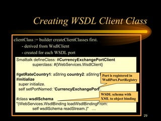 29
Creating WSDL Client Class
clientClass := builder createClientClasses first.
- derived from WsdlClient
- created for each WSDL port
Smalltalk defineClass: #CurrencyExchangePortClient
superclass: #{WebServices.WsdlClient}
#getRateCountry1: aString country2: aString1
#initialize
super initialize.
self setPortNamed: 'CurrencyExchangePort'.
#class wsdlSchema
"(WebServices.WsdlBinding loadWsdlBindingFrom:
self wsdlSchema readStream.)" …
WSDL schema with
XML to object binding
Port is registered in
WsdlPort.PortRegistry
 