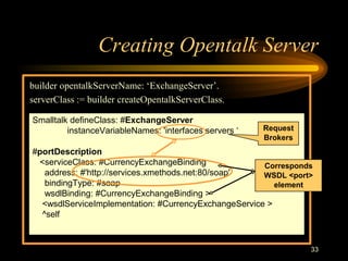 33
Creating Opentalk Server
builder opentalkServerName: ‘ExchangeServer’.
serverClass := builder createOpentalkServerClass.
Smalltalk defineClass: #ExchangeServer
instanceVariableNames: 'interfaces servers ‘
#portDescription
<serviceClass: #CurrencyExchangeBinding
address: #'http://services.xmethods.net:80/soap'
bindingType: #soap
wsdlBinding: #CurrencyExchangeBinding >
<wsdlServiceImplementation: #CurrencyExchangeService >
^self
Request
Brokers
Corresponds
WSDL <port>
element
 