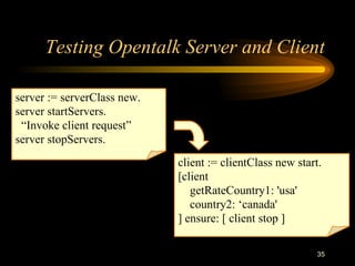 35
Testing Opentalk Server and Client
client := clientClass new start.
[client
getRateCountry1: 'usa'
country2: ‘canada'
] ensure: [ client stop ]
server := serverClass new.
server startServers.
“Invoke client request”
server stopServers.
 