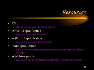 56
Resources
• XML
– http://www.w3.org/TR/xmlschema-2/
• SOAP 1.1 specification
– http://www.w3.org/TR/soap/
• WSDL 1.1 specification
– http://www.w3.org/TR/wsdl.html
• UDDI specification
– http://www.oasis-open.org/committees/tc_home.php?wg_abbrev=
uddi-spec
• WS-I basic profile
– http://www.ws-i.org/Profiles/BasicProfile-1.0-2004-04-16.html
 