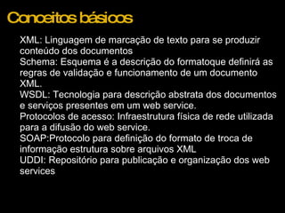 Conceitos básicos XML: Linguagem de marcação de texto para se produzir conteúdo dos documentos  Schema: Esquema é a descrição do formatoque definirá as regras de validação e funcionamento de um documento XML.  WSDL: Tecnologia para descrição abstrata dos documentos e serviços presentes em um web service. Protocolos de acesso: Infraestrutura física de rede utilizada para a difusão do web service.  SOAP:Protocolo para definição do formato de troca de informação estrutura sobre arquivos XML UDDI: Repositório para publicação e organização dos web services    