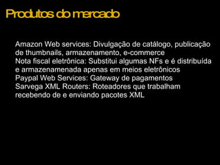 Produtos do mercado Amazon Web services: Divulgação de catálogo, publicação de thumbnails, armazenamento, e-commerce Nota fiscal eletrônica: Substitui algumas NFs e é distribuída e armazenamenada apenas em meios eletrônicos Paypal Web Services: Gateway de pagamentos Sarvega XML Routers: Roteadores que trabalham recebendo de e enviando pacotes XML 