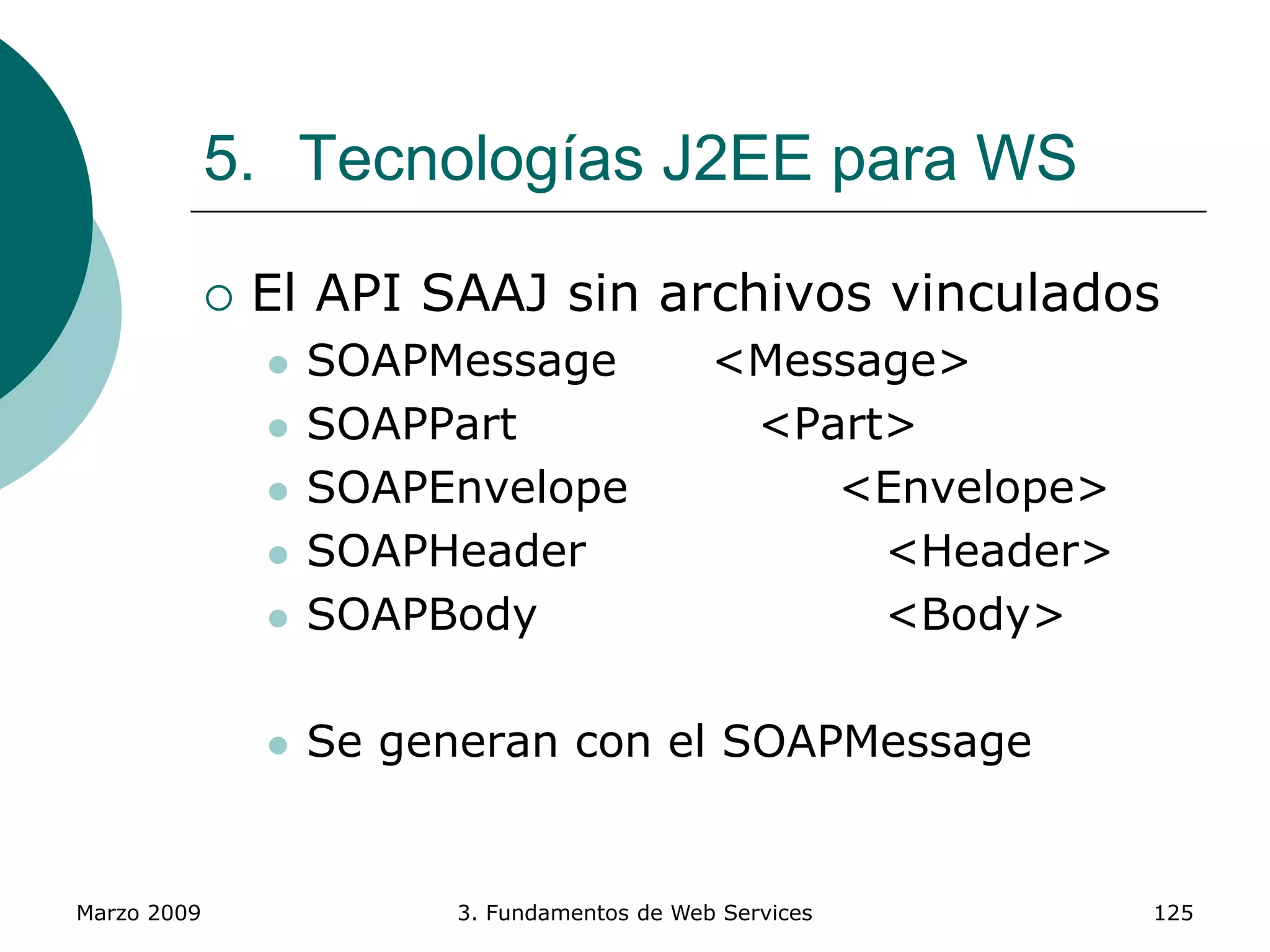 Marzo 2009 3. Fundamentos de Web Services 125
5. Tecnologías J2EE para WS
 El API SAAJ sin archivos vinculados
 SOAPMessage <Message>
 SOAPPart <Part>
 SOAPEnvelope <Envelope>
 SOAPHeader <Header>
 SOAPBody <Body>
 Se generan con el SOAPMessage
 