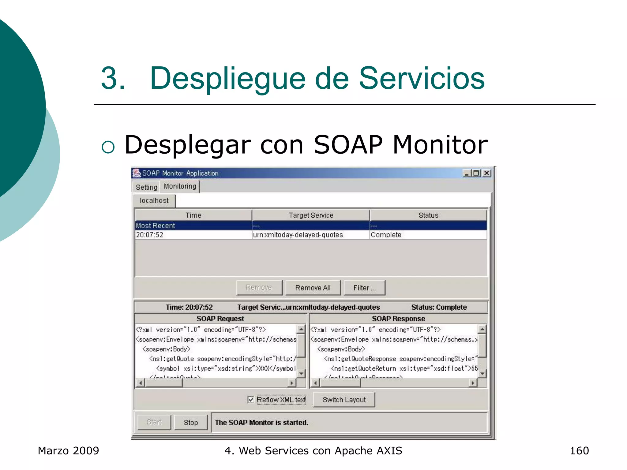 Marzo 2009 4. Web Services con Apache AXIS 160
 Desplegar con SOAP Monitor
3. Despliegue de Servicios
 