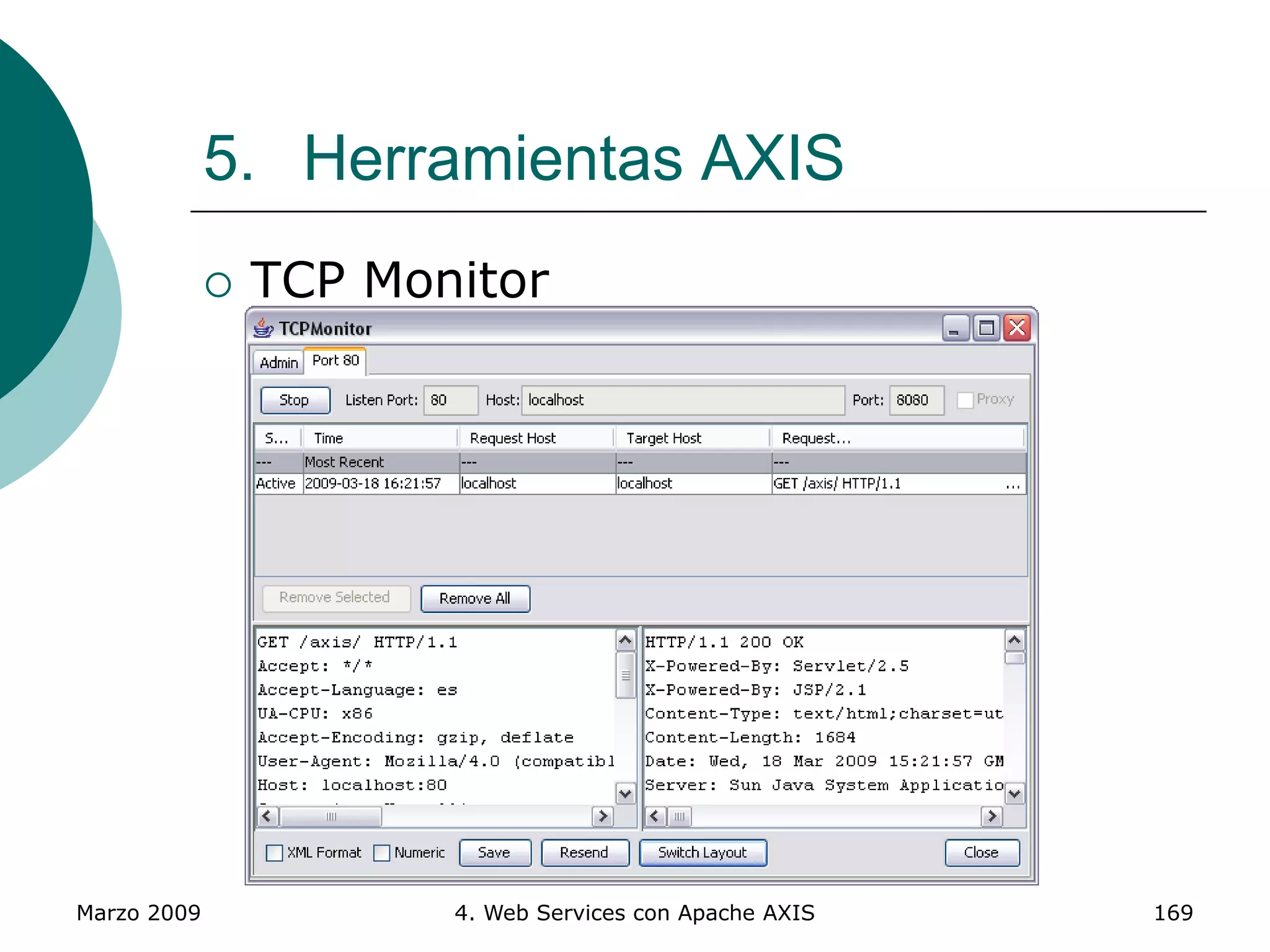 Marzo 2009 4. Web Services con Apache AXIS 169
5. Herramientas AXIS
 TCP Monitor
 