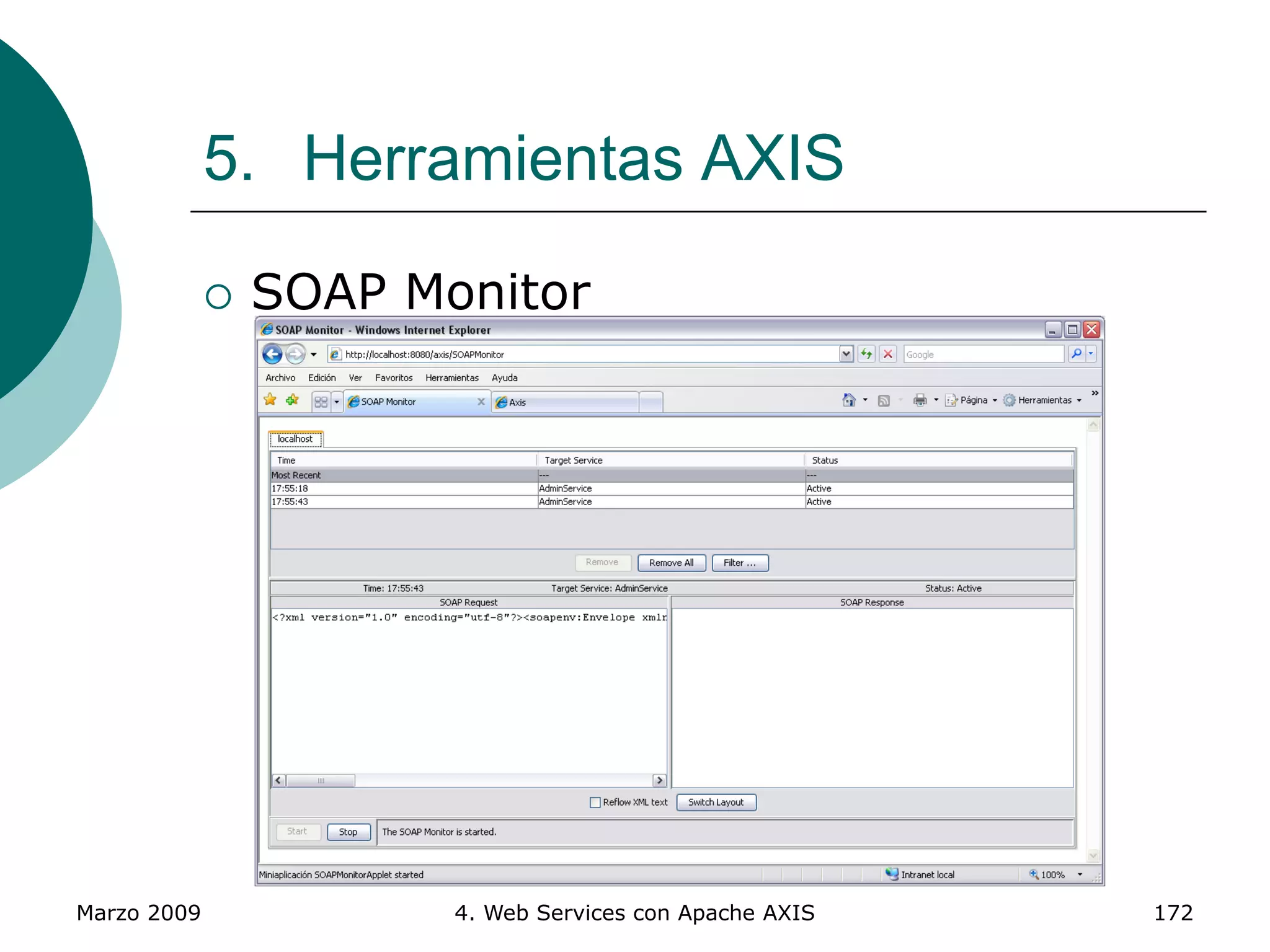 Marzo 2009 4. Web Services con Apache AXIS 172
5. Herramientas AXIS
 SOAP Monitor
 
