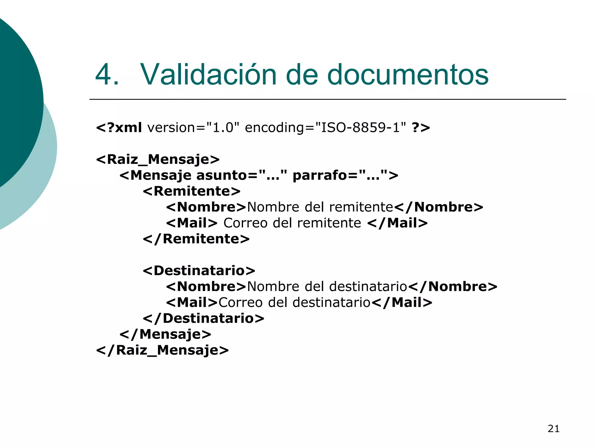 21
4. Validación de documentos
<?xml version="1.0" encoding="ISO-8859-1" ?>
<Raiz_Mensaje>
<Mensaje asunto="…" parrafo="…">
<Remitente>
<Nombre>Nombre del remitente</Nombre>
<Mail> Correo del remitente </Mail>
</Remitente>
<Destinatario>
<Nombre>Nombre del destinatario</Nombre>
<Mail>Correo del destinatario</Mail>
</Destinatario>
</Mensaje>
</Raiz_Mensaje>
 