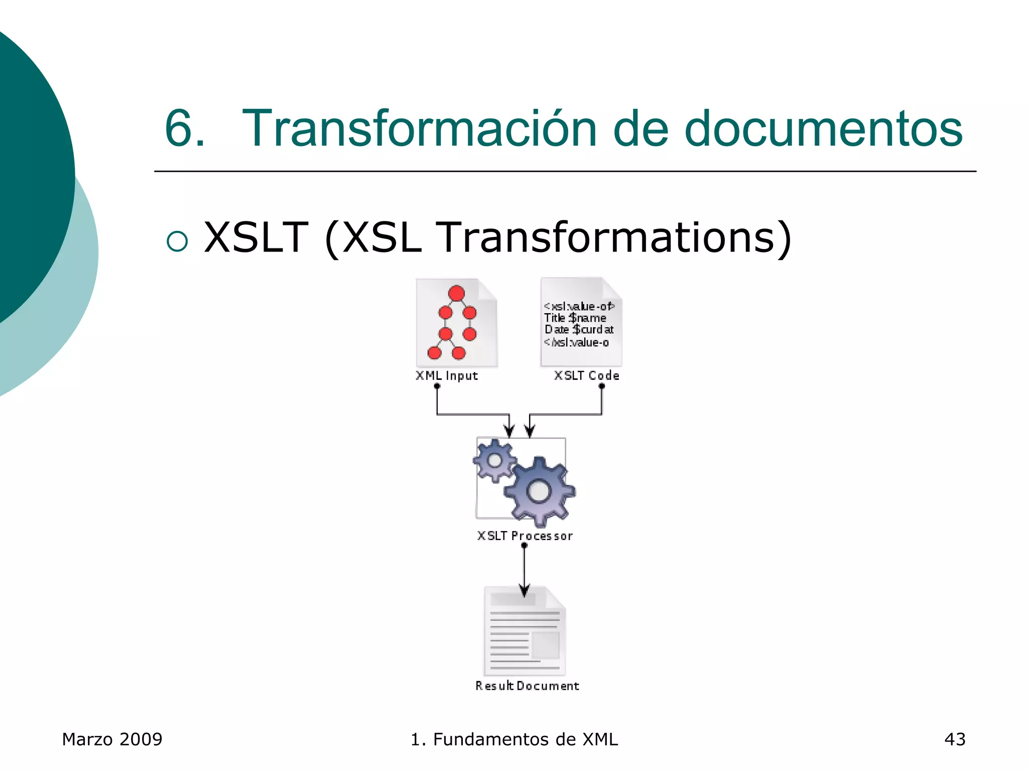 Marzo 2009 1. Fundamentos de XML 43
6. Transformación de documentos
 XSLT (XSL Transformations)
 