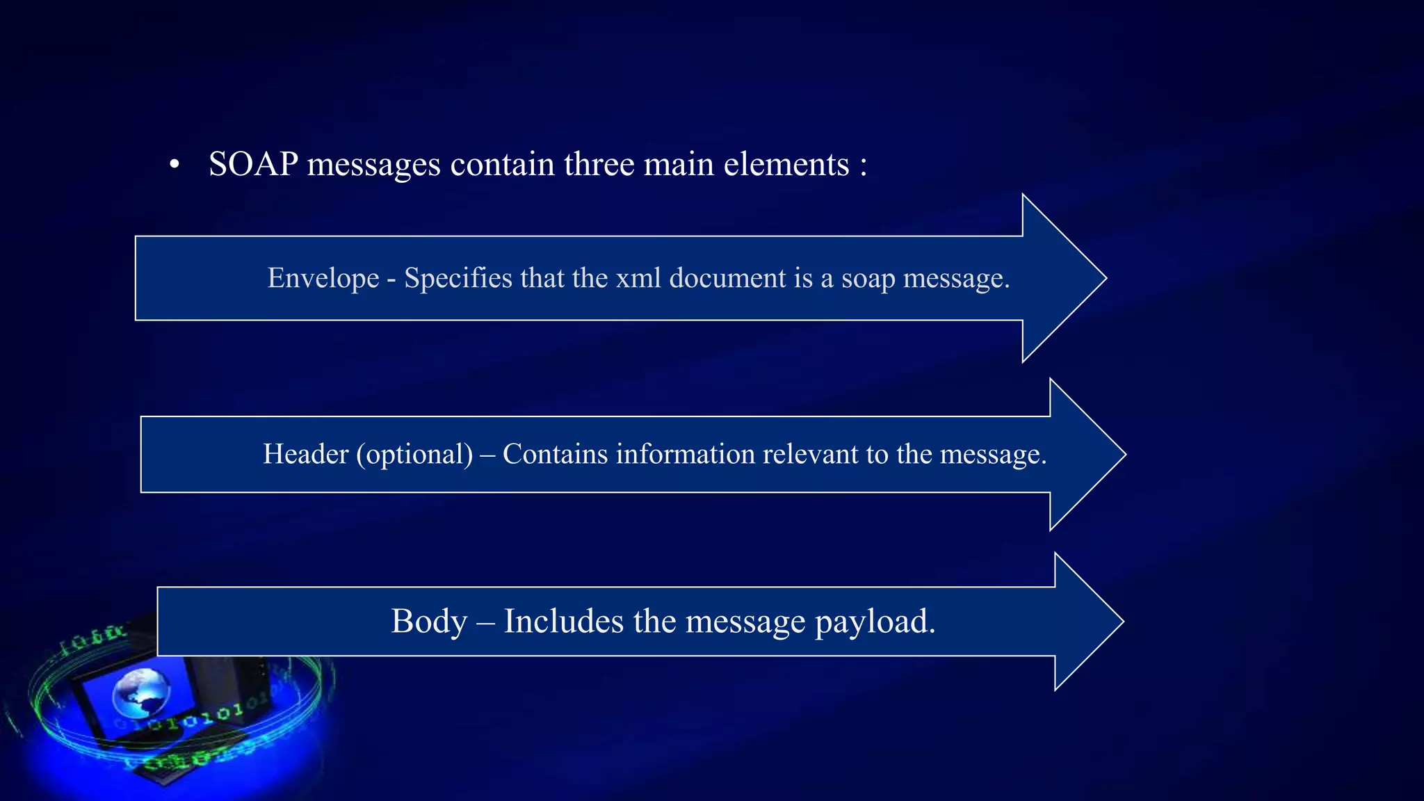 • SOAP messages contain three main elements :
Envelope - Specifies that the xml document is a soap message.
Header (optional) – Contains information relevant to the message.
Body – Includes the message payload.
 