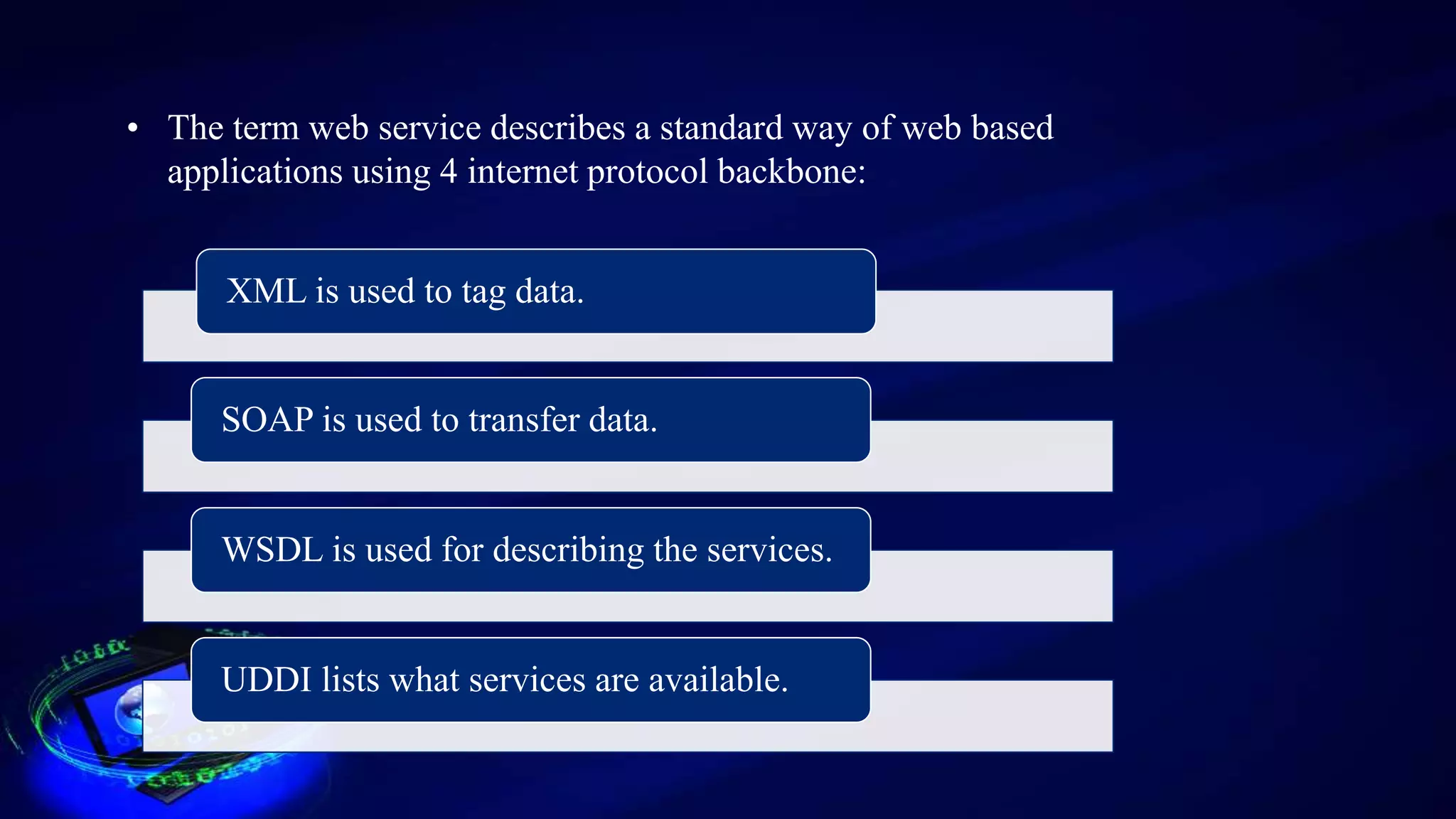 • The term web service describes a standard way of web based
applications using 4 internet protocol backbone:
XML is used to tag data.
SOAP is used to transfer data.
WSDL is used for describing the services.
UDDI lists what services are available.
 