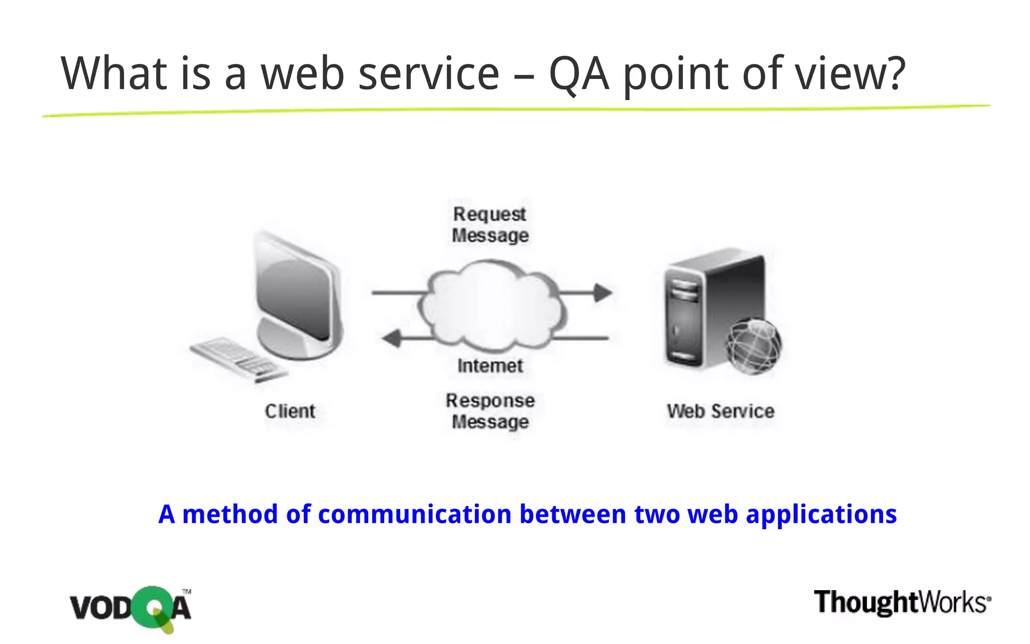 What is a web service – QA point of view?
A method of communication between two web applications
 