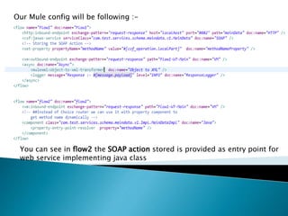 Our Mule config will be following :-
You can see in flow2 the SOAP action stored is provided as entry point for
web service implementing java class
 