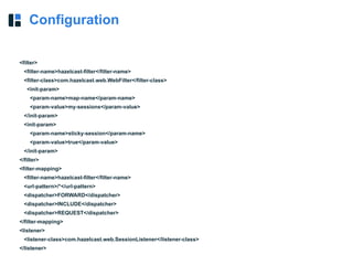 Configuration
<filter>
<filter-name>hazelcast-filter</filter-name>
<filter-class>com.hazelcast.web.WebFilter</filter-class>
<init-param>
<param-name>map-name</param-name>
<param-value>my-sessions</param-value>
</init-param>
<init-param>
<param-name>sticky-session</param-name>
<param-value>true</param-value>
</init-param>
</filter>
<filter-mapping>
<filter-name>hazelcast-filter</filter-name>
<url-pattern>/*</url-pattern>
<dispatcher>FORWARD</dispatcher>
<dispatcher>INCLUDE</dispatcher>
<dispatcher>REQUEST</dispatcher>
</filter-mapping>
<listener>
<listener-class>com.hazelcast.web.SessionListener</listener-class>
</listener>
 
