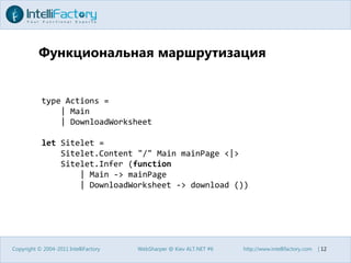 Функциональная маршрутизацияCopyright © 2004-2011 IntelliFactoryWebSharper @ Kiev ALT.NET #6http://www.intellifactory.com    |12type Actions =    | Main    | DownloadWorksheetletSitelet = Sitelet.Content "/" Main mainPage <|>Sitelet.Infer (function        | Main -> mainPage        | DownloadWorksheet -> download ())