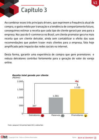 Apoio:Copyright E-bit - Todos os Direitos Reservados
Ao combinar esses três principais drivers, que exprimem a frequência atual de
compra, o gasto médio por transação e a tendência de comportamento futuro,
conseguimos estimar a receita que cada tipo de cliente gerará por ano para a
empresa. No caso do E-commerce no Brasil, um cliente promotor gera 4x mais
receita que um cliente detrator, ainda sem contabilizar o efeito das suas
recomendações que podem trazer mais clientes para a empresa, fato hoje
ampliﬁcado pelo impacto das redes sociais na internet.
Desta forma, garantir uma experiência de compra que gere promotores e
reduza detratores contribui fortemente para a geração de valor do varejo
online.
Capítulo 3
41
 