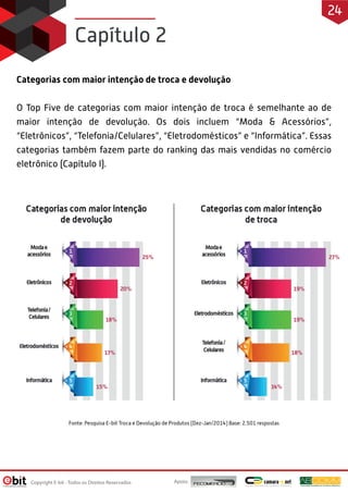 Categorias com maior intenção de troca e devolução
O Top Five de categorias com maior intenção de troca é semelhante ao de
maior intenção de devolução. Os dois incluem “Moda & Acessórios”,
“Eletrônicos”, “Telefonia/Celulares”, “Eletrodomésticos” e “Informática”. Essas
categorias também fazem parte do ranking das mais vendidas no comércio
eletrônico (Capítulo I).
Capítulo 2
Apoio:Copyright E-bit - Todos os Direitos Reservados
24
 